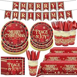 172Pcs Christmas Party Supplies Red and Black Buffalo Plaid Disposable Tableware Set Christmas Plates and Napkins, Plastic Tablecloths, Banners, Cutlery for Christmas Party Decorations